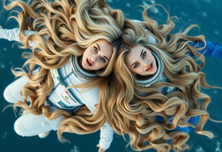 Two women with long blonde hair floating in the air, wearing white and blue space suits, entwined together by their voluminous golden wavy hair that intertwines between them. High angle shot from above. Photorealistic, high detail, sharp focus, depth of field. Cinematic lighting.