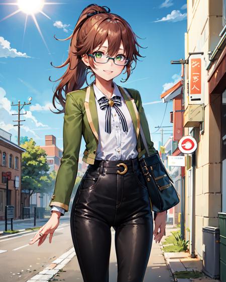 best quality, (masterpiece:1.2), illustration, absurdres,
(1girl), (solo), (beautiful detailed girl),  
<lora:TowaKuro2-06:0.8>, Towa Herschel, brown hair, ponytail, hair ribbon, green eyes, petite, small, short, flat chest, small breasts,
blue glasses, green jacket, white shirt, black neckwear, black pants, green shoes
desert, mesas, sun, sky,, looking at viewer, smile