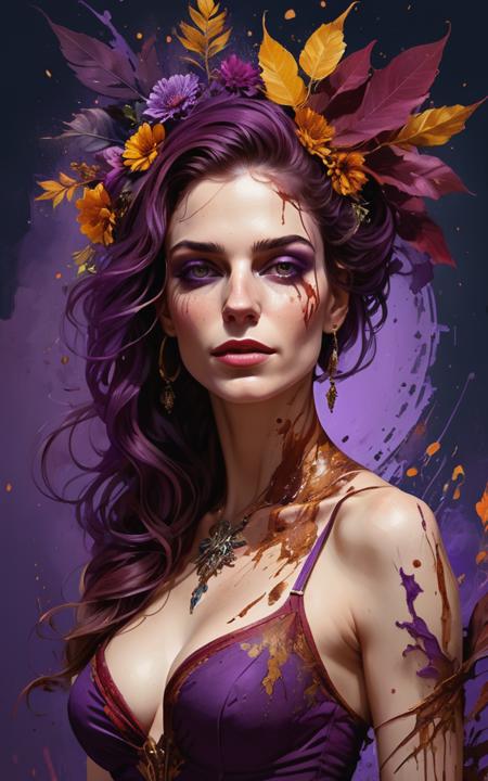 character splash art with expressive paint splashes, pin-up style, isometric fullbody,
Split-Complementary colors of (Deep Purple, Maroon, Gold), 60-30-10 color rule, damask fine details.
stunningly beautiful model, perfectly detailed face, hyperdetail eyes, well-dressed,
complex background with intricate details, depth of field, vanishing point,
Art inspired by Carne Griffiths and Art by Wadim Kashin,
Bold digital painting that showcases vibrant and contrasting color schemes creating dramatic landscapes and cityscapes. A unique mixed media piece that utilizes unconventional materials such as tea, brandy, vodka, and ink to create fluid, organic lines and intricate patterns. Use of strong lighting and shadow, giving a sense of depth and atmosphere. Architectural structures are woven seamlessly into nature, blending the line between man-made and natural elements. The work blends abstract forms with figurative elements, often featuring a human face or figure emerging from a chaos of vibrant, flowing lines. Artwork that encompasses a surreal and dreamlike quality, with a touch of mysticism and enchantment. The fusion of the precise with the random, where careful detail meets uncontrolled spontaneity, evokes a sense of dreamlike surrealism by Satori Canton