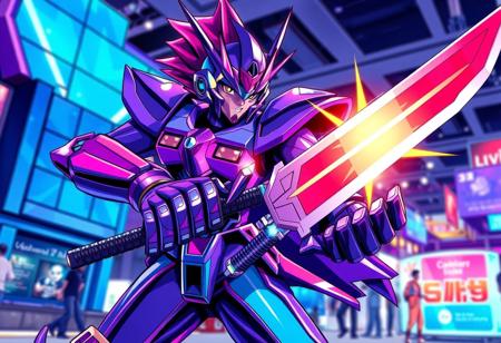 A vibrant and energetic digital illustration, infused with a bold splash ink illustration style and sharp lines, depicting a Yu-Gi-Oh! cosplayer in a powerful, dynamic action pose. The robot-like figure, rendered with super detailed clothes and beautiful detailed eyes, radiates in multi-colored purple and blue, wielding a large, imposing sword with precision in their right hand. Their matching helmet gleams under captivating lighting, set against an attractive background of a convention scene with a distinctive blue and purple building. The overall scene exudes a lively and colorful atmosphere, conveying vivid emotions and a joyful impact. This piece demonstrates contemporary aesthetics and a Grammer Effect Style, with handcrafted precision and an impeccable composition from a creative angle. High Quality, More Detail, Super Detailed Face, Stunning Colors, Harmonious Colors, Balanced Editing, Intentional Focus, Well-timed Moment, Isometric, Powerful Message. CGSociety, Artstation Trending on ArtstationHQ.