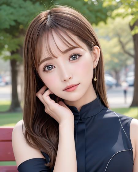 best quality, photorealistic, 8k, high res, full color, 1girl, woman, 20 years old woman, (closed mouth:1.73), (skindentation), (portrait:0.6), trees, park bench, daylight, ((park background:1.52)), full color, ((sleevelessblueshirt:1.58)), looking at viewer:1.8, (1girl eyes looking at viewer:1.55), (medium hair, brownhair, partedhair:1.45), (bokeh), <lora:AAV-yua2:0.69>