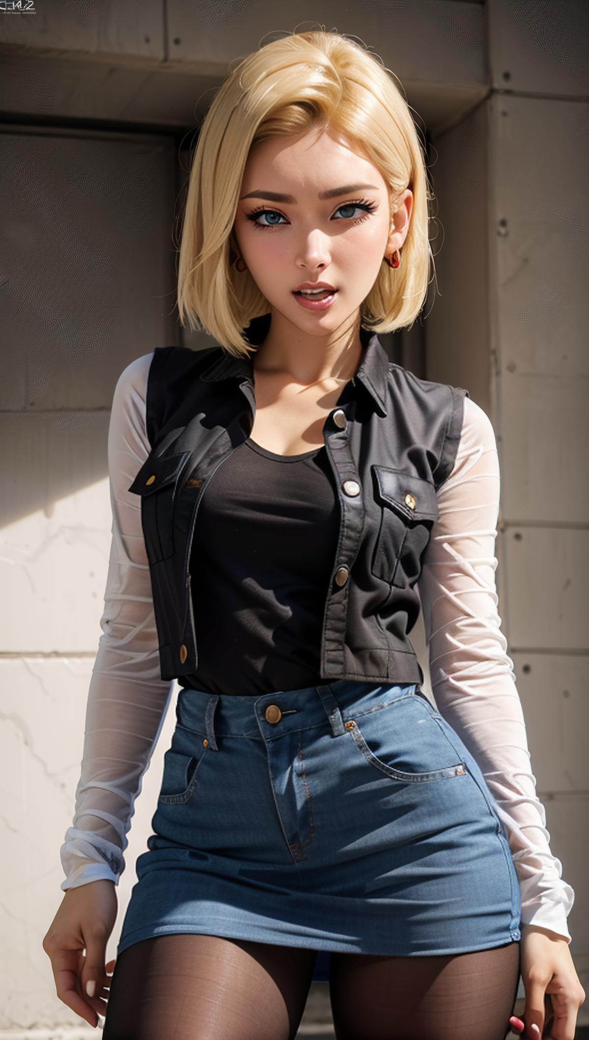 A young woman wearing a black shirt and blue jeans, posing for a picture.