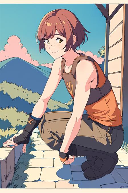 (ligne claire,flat color,high contrast),(masterpiece,best quality:1.2),dorothyfe6,freckles,1girl,squatting,holding bow,in mountain village,tank top,breastplate,sleeveless,fingerless gloves,pants,boots,smiling <lora:DorothyFE6-11:0.85>