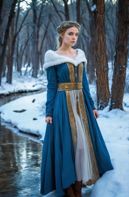18 yo english girl,Focusing,breathtaking,nature,dgtlv2,8k,(wintertime:1.2),(snow:1.2),A forest of tall oak trees covered with snow,streams,Frozen stream,representational,fashion editorial,full body,looking at viewer,depth of field,(Grey blue gold Viking dress:1.2),(Victorian age),<lora:add-detail-xl:0.7>,
