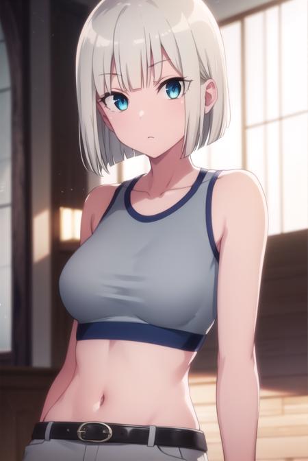 gina boyd, short hair, bangs, blue eyes, white hair, blunt bangs, bob cut, skirt, long sleeves, school uniform, pleated skirt, serafuku, black skirt, sailor collar, neckerchief, red neckerchief, black serafuku, navel, shorts, midriff, belt, sports bra, grey shorts, bare shoulders, collarbone,
