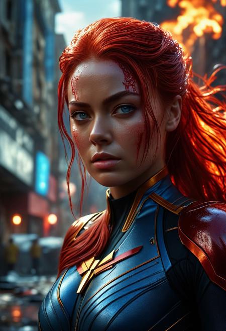 UltUltra detailed digital art masterpiece, Hyperdetailed, hyperrealism, extremely high resolution of Beautiful Superheroine Jean Grey as Dark Phoenix, Greg Rutkowski style, stands in a bloody, sinister fiery battle in the streets of a ruined city, Realistic blue eyes, wavy red hair, Intricately designed cool X-Men Superheroine combat costume with X logo, Marvel, X-Men, 8K, deep color, Cinematic Lighting, intricate smooth, sharp focus digital painting, Artgerm, WLOP, Greg Rutkowski, Beautiful Sadie Sink as 21 years old Jean Grey as Phoenix, Intricately Designed handsome pale face, Marvel comics, Realistic combat dirty clothing, perfect whole athletic body, defiant and seductive, Photograph Taken on Nikon D750, Intricate Elegant, Digital Illustration, Scenic, Unreal Engine, CryEngine, Octane Render, 8k, Designed combat clothes, Attractive, Attractive black woman, dramatic lighting, wet and sweaty skin, beautiful firm Breasts, Daylight, Concept art by Greg Rutkowski, adding to the intense and dynamic atmosphere of the scene