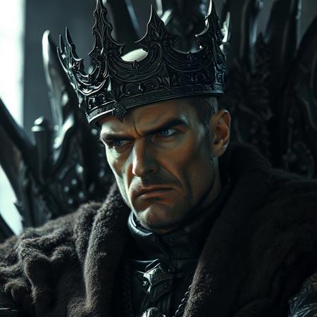 A cruel handsome king sits on a jagged, obsidian throne, face twisted in a dour scowl. head tilted, looking to the side, His obsidian crown glints under cold, directional light. Close-up portrait, semi-realistic, sharp features, intense gaze. Gothic mood, dark fantasy, regal and menacing. High-detail skin texture, ornate metalwork, shadowed background.