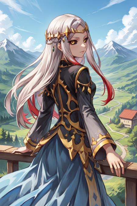 mxwdef, 1girl, colored sclera, black sclera, yellow eyes, white hair, long hair, multicolored hair, red highlights, circlet, black dress, black sleeves, gold trim, blue sarong, sarong, see-through sarong, black thighhighs sleeveless dress, bracelet