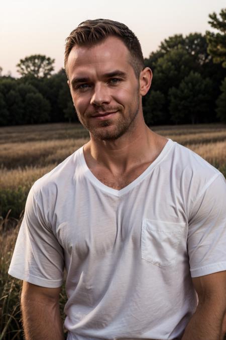 (closeup) face portrait of matthew_bosch contemplatively gazing towards the horizon wearing a crisp white shirt, rolled up sleeves, contemplative, hopeful, and forward-looking mood, <lora:matthew_bosch-07:0.75>, heartland beauty, rustic and serene, blurred background, the soft glow of dawn, strong, approachable, rich evocative background, optimistic and determined, hopeful