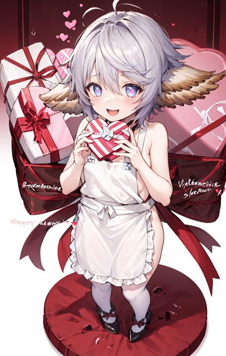 (happy valentine:1.3),1girl,gbf-wamdus,naked apron,  (valentine:1.2), gift, gift box, holding gift,standing,   full body,, , <lora:gbf-wamdusV3-000003:1>