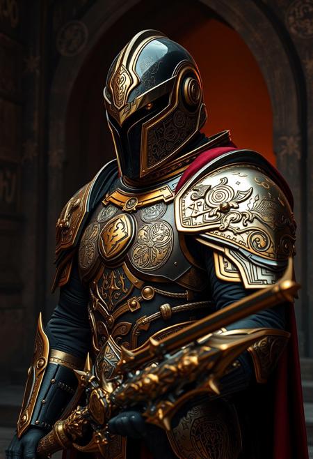 A hyper-detailed, futuristic warrior in resplendent armor, blending medieval and sci-fi styles, with an elaborate gold and bronze filigree. The helmet has a polished black visor with an elongated, angular shape, giving a mysterious, imposing presence. The armor is adorned with intricate engravings, featuring symbolic etchings, ancient glyphs, and runes, some glowing faintly. The warrior holds a finely crafted, advanced weapon with matching ornate gold details. Background showcases a dark, ancient ruin with weathered stone, faint mystical symbols, and warm, low ambient lighting casting shadows that enhance the armor’s metallic sheen.