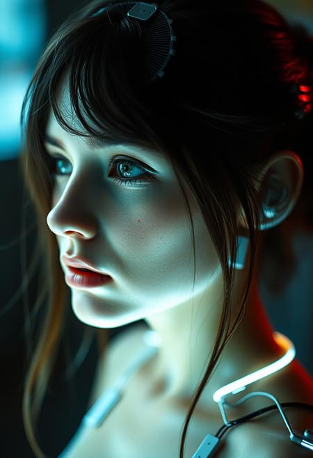 Yuri Shwedoff: A (cyborg:1.35 woman ) with (dark black void contact lens:1.5), created by Tony Conrad. The setting is Biopunk, featuring a shallow depth of field, vignette, (Fiber optic light painting), (Fujicolor Superia X-TRA 400:), (Light tracing), and (Dramatic lighting).