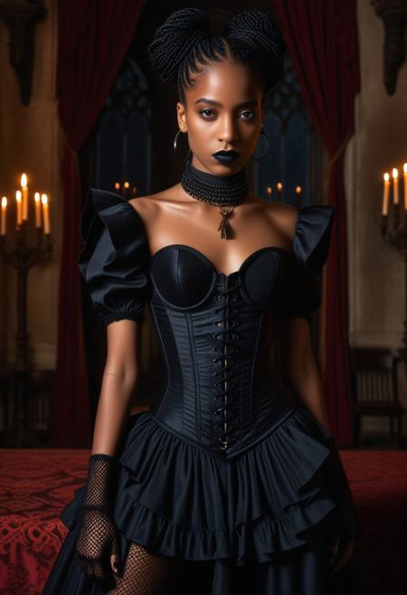 willowsmith, score_9, score_8_up, score_7_up, ((source_cartoon, source_western)), masterpiece, high quality, highres RAW photo, <lora:Lilandava_PDXL:0.8> AdamHughesstyle
solo, a willowsmith 1girl, ((black african american, dark skin, dark skinned female)), <lora:WillowSmith_Pony:1>
dark hair, double bun, afro puffs, dreadlocks, beautiful eyes, hazel eyes, ((septum nose piercing, septum nose ring)), ((slender physique, smallest chest, flat chest)), (goth, goth makeup, black lipstick, smokey eyeshadow, dark eyeliner)
willowsmith, a willowsmith 1girl of mixed ethnicity with medium brown skin, wearing a a black gothic dress, corset, choker, fishnet gloves, fishnet, long dress, dress ruffles, fishnet sleeves, combat boots, 
((dynamic pose)), standing in a dark shadowy gothic castle bedroom, royal bedroom, bed, drapes, window, candles, spooky, gloomy, cinematic, ((darkness, shadows, at night))