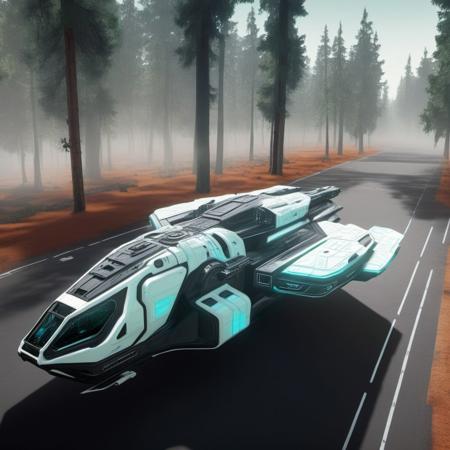 action shot of a pastel black spaceship designed by argo, argo a2, running in Sentient forest where trees communicate through neural networks., no humans, insanely detailed background