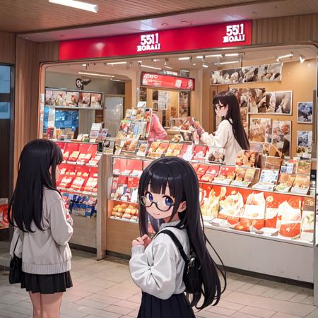 masterpiece, best quality, ultra-detailed, illustration,
1girl, glasses, black hair, long hair, sweater, long skirt, shy smile, happy, v, looking at viewer, upper body,
horai, scenery, storefront, japan, shop, scenery, food
 <lora:551_HORAI_SD15_V2:1>