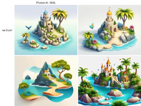 simple_background, white_background, flower, water, tree, pokemon_(creature), no_humans, bird, grass, rock, palm_tree, tower, faux_figurine, no humans, palm tree, pokemon (creature), white background, castle, simple background