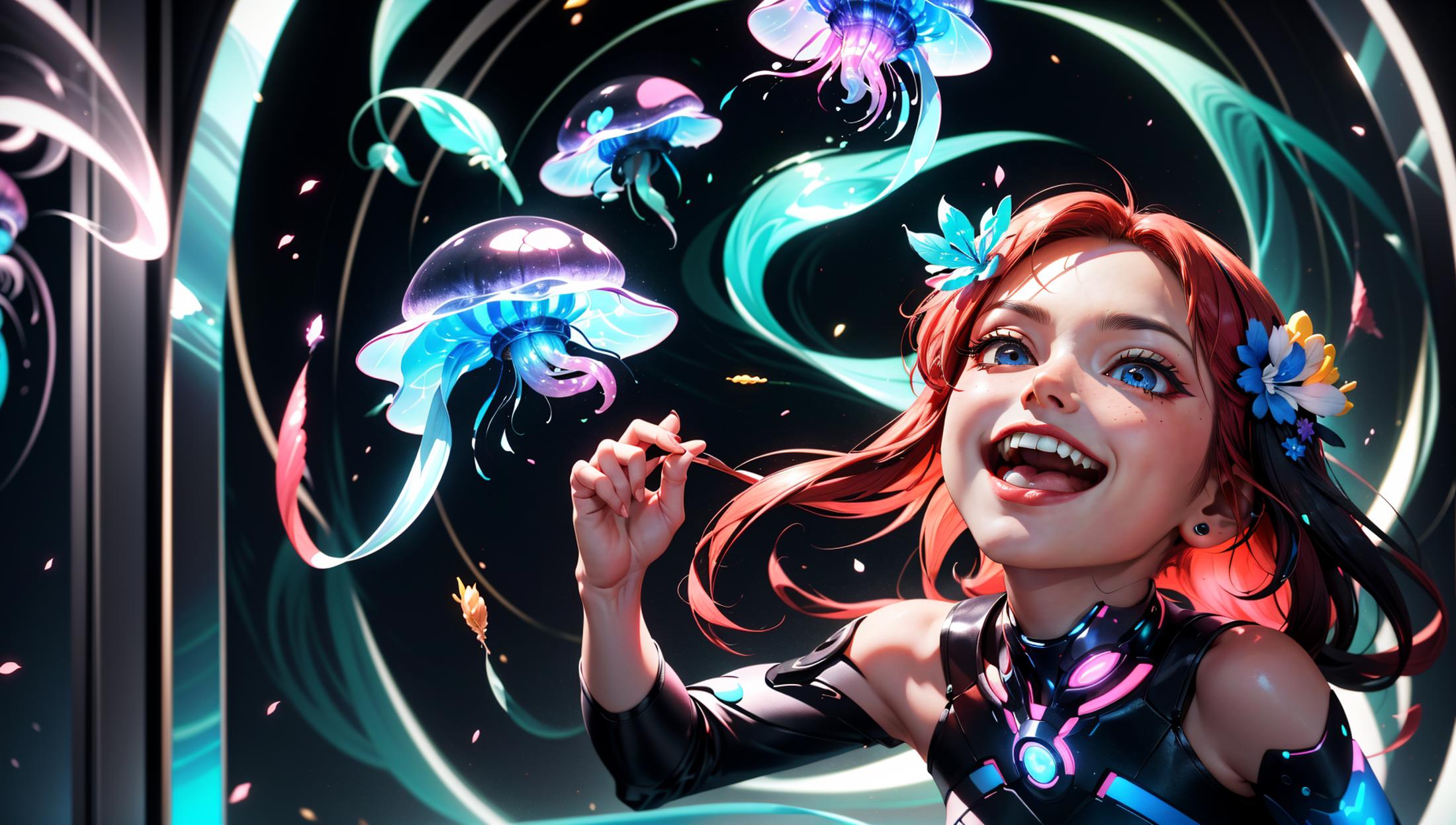 A Smiling Cartoon Girl with Pink Hair Brushing Her Teeth in Front of Jellyfish and Mushrooms