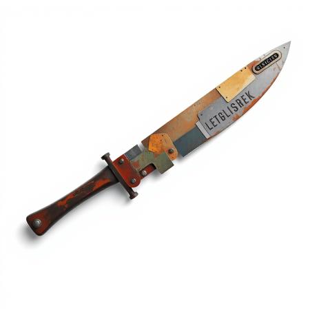 (pure white color background:1.5), single scavenged scrap metal machete with a long blade made from a patchwork of metal plates fastened together with large bolts and nails,  post apocalyptic style<lora:Dieselcore_Flux:0.5>,