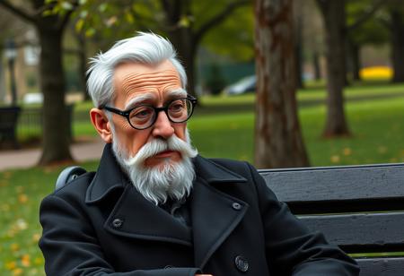 A highly detailed, semi-realistic 3D digital illustration style, old writer sitting on a bench in the park, looking disappointed, tired. His short white hair is combed back from his forehead, revealing a slightly receding hairline. A neatly groomed white beard, Long  sideburns. Mustache neatly curved along his upper lip. Chiseled, narrow face with a strong jawline and prominent cheekbones. Thick, arched eyebrows sit above round, black-framed glasses on his sharp, narrow nose. His pale, healthy skin shows fine lines that reflect his experiences, with a slight rosiness in his cheeks. He wears a long black trenchcoat.  Green Park, Spring, cold weather.