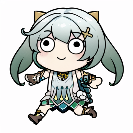 ((masterpiece, best quality)), 1girl, solo, teriderp, chibi, hair ornament, green hair, twintails, long hair, dress, full body, running, simple background, white background