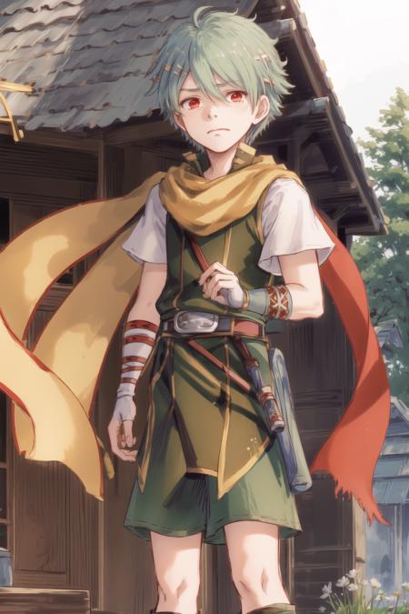 nils, solo, (circlet, hair ornament:1.1), tunic, red eyes, shorts, belt, scarf, bandages, fingerless gloves, boots, outdoors, wooden house, standing, laying against wall, crossed arms, half-closed eyes, looking away, angry, (embedding:AS-YoungV2.pt:0)