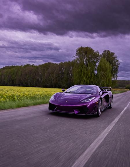 <lora:R0k00M0t0rV3h1c13HD:1>,r0k00m0t0rv3h1c13hd,r0k00bstr0cthd,car,super car,sports car,, a purple sports car driving down a road next to a field and trees in the background with a cloudy sky [2]
