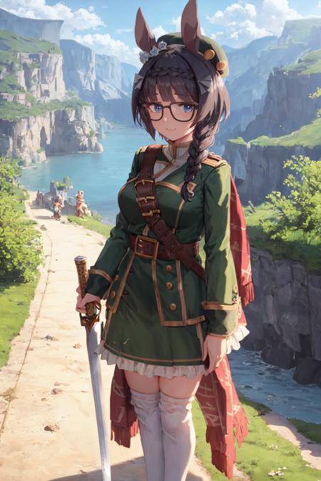 masterpiece, best quality, 
zenno rob roy \(umamusume\), 
mountainous horizon, wide shot, nature, river and canyon,
holding sword, holding weapon,
full body, standing, looking at viewer, closed mouth, smile,
ear ornament, hairclip, beret, hat, green headwear, glasses, black-framed eyewear, green jacket, scarf, long sleeves, brown belt, green skirt, frilled skirt, white socks,<lora:zenno_rob_roy_loha:0.7>