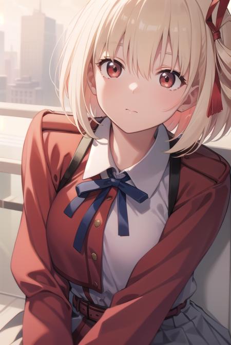 chisatonishikigi, <lora:chisatonishikigitest:1>, nishikigi chisato, short hair, bangs, blonde hair, (red eyes:1.5), hair ribbon, one side up, bob cut,
BREAK shirt, long sleeves, dress, ribbon, white shirt, collared shirt, belt, neck ribbon, red dress, blue ribbon, pleated dress, grey dress, two-tone dress, red belt, lycoris uniform,,
BREAK outdoors, city,
BREAK looking at viewer, BREAK <lora:GoodHands-vanilla:1>, (masterpiece:1.2), best quality, high resolution, unity 8k wallpaper, (illustration:0.8), (beautiful detailed eyes:1.6), extremely detailed face, perfect lighting, extremely detailed CG, (perfect hands, perfect anatomy),