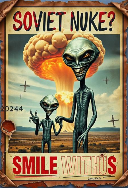“A decayed, vintage-style poster from 2024, weathered and torn, depicting a surreal and apocalyptic scene. The faded image shows a pair of aliens—one an imposing, tall figure (the father), and the other a smaller, childlike alien (the son). The father holds the son’s hand with one hand, while making an exaggerated ‘OK’ sign with his other hand, both with unsettling, alien features. The father’s wide, mad smile radiates an eerie, otherworldly charm. In the far background, a massive nuclear mushroom cloud dominates the sky, with fiery orange fireballs at its base and visible blast waves rippling through the landscape. The poster’s bold text, ‘SOVIET NUKE?’ across the upper section and ‘SMILE WITH US’ in the lower section, is faded, smeared, and inked with scribbles and stains. The paper appears rotten, with tears, creases, and discolored edges, adding to the haunting, apocalyptic atmosphere of the piece.”