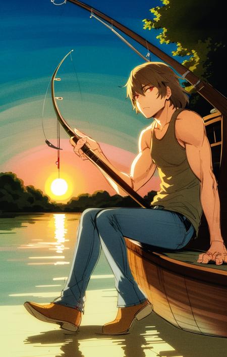 <lora:ShinjiroAragakiPersona1:1> soft lighting, sketch, scenic background, wallpaper, wide view, outdoors, lake, reflections, sunset, male focus, ornate canoe, tanktop, jeans, (holding fishing pole:1.1), (fishing:1.1), muscular, sitting in canoe, shinjiro aragaki [persona], solo, focused calm expression, red eyes