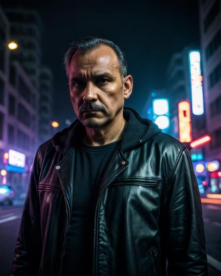 city street, neon, fog, volumetric, closeup photo of 50 y.o man in dark clothes, serious face