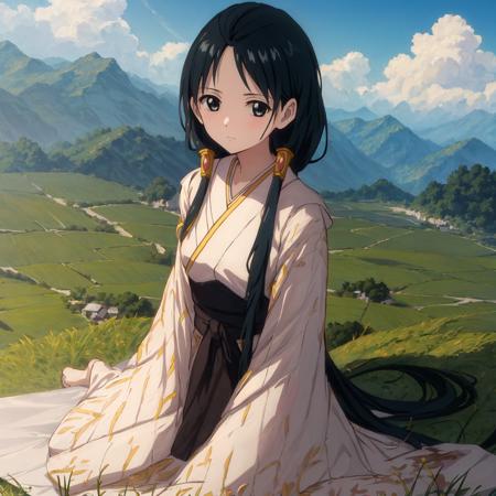 masterpiece,best quality,highly detailed, extremely detailed CG unity 8k wallpaper,illustration,Hakuei Ren,black hair,black eyes,medium breasts,facing viewer,light blush,looking at viewer,wariza,blue sky,white cloud,on grass,rice paddy,