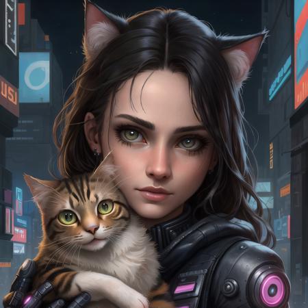 close-up, a girl holding a cat, midnight, cyberpunk city, perfection, beautiful, masterpiece, muchRealisticV0_4