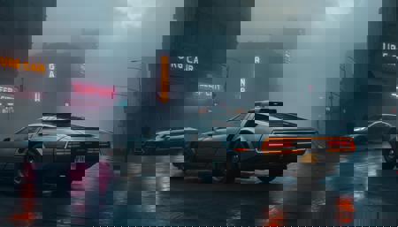 Blade Runner 2049 SleepCitycape. Relaxing Cyberpunk Art Poster. Dark light. Cinematic Art. Photorealistic. Street. Abandoned street. CityScape, Scenery. Dark and moody. 1car, Futuristic supecar. Prototype supercar. Super detailed car, (grey car carpaint). Futuristic design car. Gloomy neon lights. No humans. Sleeping city. (Cloudy day, fog:1.4). Dystopian apocalyptic atmosphere. Film grain.