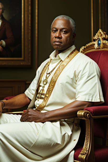 AndreBraugher, photography by (David LaChappelle:1.3), seated on throne, King of France, modelshoot, pose, (closeup on upper body:1.3), Flemish masters, luxurious fabrics, silk, Versailles, French aristocracy, palace interior, 1782, large oil paintings on walls, portrait