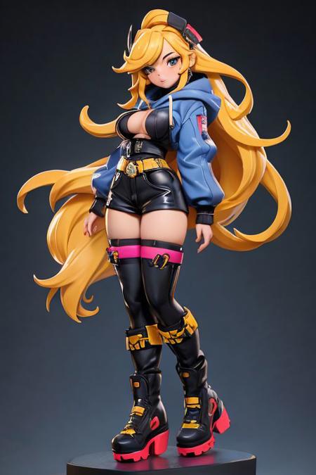 1girl, large breasts, big ass, topheavy, hoodie, young, cool, underboobs, sexy pose, over-knee platform boots, sexy, beautiful face, detailed face, cute, colorful, tiny waist, focus on (underboobs:1.2), as pvc figure