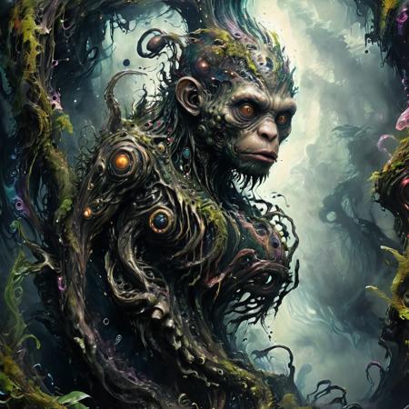 (masterpiece, best quality, ultra-detailed), a spiral shaped futuristic steampunk fantasy cyberpunk salmon Chimpanzee man alien monstrosity thing, in a space forest city, swirling ink, dark background, ab0m, fenliexl, mixed media, surrealism, Faetastic, perfect composition, intricate detail, dark atmosphere