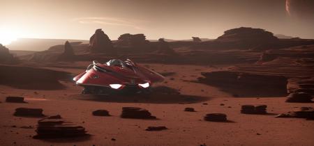 realistic cinematic shot of an origin 400i 600i spaceship landed on an alien landscape, elegant curves spaceship, aerodynamic, red thrusters, thruster trail, atmosphere glow, outpost, cliffs, arid climate, tundra, science fiction, star citizen  cinematic lighting, clouds, thrusters, film grain, imax