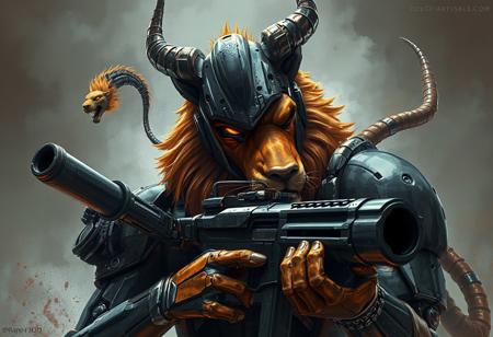 A high-definition, 8k resolution, pre-rendered, stylized painting of a cyborg Satan, inspired by Sam Black and Chaos Distillage, trending on Artstation, with an award-winning art style similar to Greg Rutkowski's dark art. The subject should be a close-up of a robot with a gun, featuring an anthropomorphic orange lion with a metal tail and blackness instead of eyes. The image should be color-corrected and free of watermarks, with a focus on threatening juxtaposition. Use a mix of dark art and science fiction elements to create a unique piece.