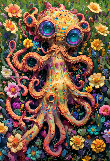 PsychadelicChaos, absurdres, high resolution, detailed, art by wlop, ilya kuvshinov, greg rutkowski and alphonse mucha, photograph, In a vibrant and colorful field filled with blooming flowers, an extinct Octopus psychadeliced in psychedelic clothing roams free. Its eyes are closed as it gazes intently at the viewer, as if searching for its next meal or feast. Wide view, Magic Realism, Canon 5d mark 4, F/8, <lora:Upgraders\Detail Tweaker XL:1.0>, <lora:Challenge\aidmaPsychadelicChaosWorldMorphXL-V0.1:1.0>, <lora:Upgraders\xl_more_art-full_v1:1.0>