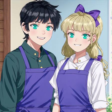 <lora:avas_retro_06-04:1>, 


1boy, 1girl, apron, bangs, black bow, black hair, blonde hair, blue bow, blue dress, blue eyes, blunt bangs, boots, bow, dress, full body, green jacket, grey pants, hair bow, highres, jacket, long hair, looking at another, pants, shaun \(shadows house\), shirt, short hair, smile, twintails, two side up, white apron, white shirt, yomo \(yomooo1313\)