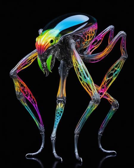 focus on alien non-anthropomorphic bioengineered creature, 4 legs, transparency:1.3, (detailed cybernetic implants fused with organic matter:0.5), full body, (with intensely vibrant swirling colors:1.9), black background, realistic photo, <lora:add-detail-xl:1.0> ,   <lora:artialien:1> artialien , <lora:xl_more_art-full_v1:0.5>