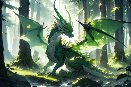  green dragon, forest, leaf-like wings, translucent light, gold ray, dazzle light, beautiful dragon, dalle3