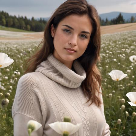 <lora:nella_sdxl:1> nella, a elegant woman, on a (white poppy field:1.2), wearing a (cowl-neck-sweater), (flowering-landscape),  (realistic, photo-realistic:1.37), ultra high res, ultra-detailed, incredibly beautiful girl, 8k uhd, dslr, soft lighting, high quality, film grain, Fujifilm XT3