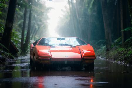 analog gloomy photo of a red Pantera car,  <lora:p4nt3r4:0.9>, escaping through the jungle ((at night)), ((heavy rain)), ((nighttime)),  splashing, skidding, high speed, sports photography, High Detail, Sharp focus, (photorealism), realistic, best quality, 8k, award winning, dramatic lighting, epic, cinematic, masterpiece, rim light, ambient fog:1.3, dutch angle, wide angle lens, skinny shutter,