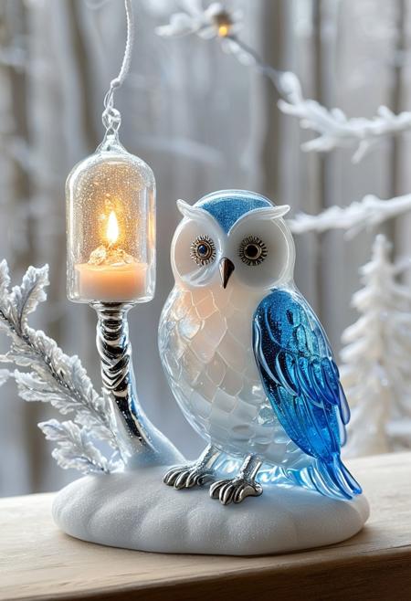 A wise, adorable owl sculpted from delicate fused glass, perched on a sparkling glass branch in the middle of a winter wonderland. Its feathers are a soft gradient of frosty whites, soft blues, and sparkling silver, with tiny glittering accents that catch the light. The owl’s eyes glow with warmth, like tiny glass moons, reflecting the snowy landscape around it.
The winter forest is peaceful and magical, with soft snowflakes of translucent glass gently falling through the air, each one catching the light in a cascade of sparkling reflections. The trees are made of icy glass, their branches covered in shimmering frost. In the background, a warm, glowing glass lantern softly illuminates the scene, casting a cozy glow over the owl and the snowy landscape.
Fused Glass style, ultra-detailed, wintry magic, glowing transparency, soft silver hues, intricate feather design, glowing reflections, serene atmosphere. novuschroma54 style,