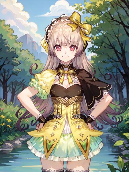 charsuelle, 1girl, solo, smile, bow, looking at viewer, dress, hair bow, hairband, cleavage cutout, thighhighs, hands on hips, closed mouth, short sleeves, capelet, skirt, puffy sleeves,  frills, bangs, outsides, river, forest, water, <lora:suellev1a:0.9>