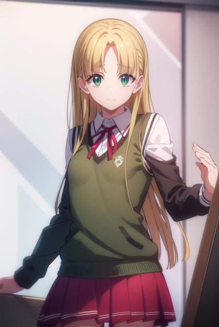 asiaargento, <lora:asia argento anime s1-lora-nochekaiser:1>,
asia argento, long hair, blonde hair, (green eyes:1.3), (parted bangs:1.5), ahoge, smile, (small breasts:1.2),
BREAK skirt, shirt, long sleeves, ribbon, school uniform, pleated skirt, vest, red skirt, sweater vest,
BREAK indoors, classroom,
BREAK looking at viewer, (cowboy shot:1.5),
BREAK <lyco:GoodHands-beta2:1>, (masterpiece:1.2), best quality, high resolution, unity 8k wallpaper, (illustration:0.8), (beautiful detailed eyes:1.6), extremely detailed face, perfect lighting, extremely detailed CG, (perfect hands, perfect anatomy),