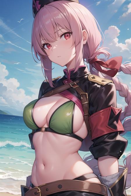 florencenightingale, <lyco:florencenightingale-lyco-nochekaiser:1>,
florence nightingale, pink hair, long hair, (red eyes:1.5), hair braid, sidelocks, folded ponytail, single braid, braid, braided ponytail,
BREAK belt, bikini, black footwear, black headwear, boots, garrison cap, gloves, green bikini, green gloves, green thighhighs, hat, layered bikini, microskirt, official alternate costume, purple belt, purple bikini, revealing clothes, short sleeves, skirt, swimsuit, thigh boots, thighhighs,
BREAK looking at viewer,
BREAK outdoors, beach,
BREAK <lyco:GoodHands-beta2:1>, (masterpiece:1.2), best quality, high resolution, unity 8k wallpaper, (illustration:0.8), (beautiful detailed eyes:1.6), extremely detailed face, perfect lighting, extremely detailed CG, (perfect hands, perfect anatomy),