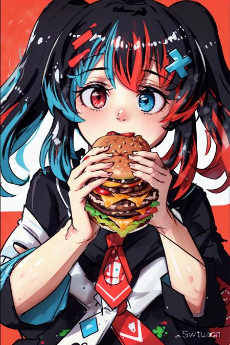 Highly detailed, High Quality, Masterpiece, beautiful, Switch-chan,  <lora:Switchchan:0.8>, burger, eating a hamburger, nom hamburger, two hands, <lora:Pos_EatingHamburger:0.5>